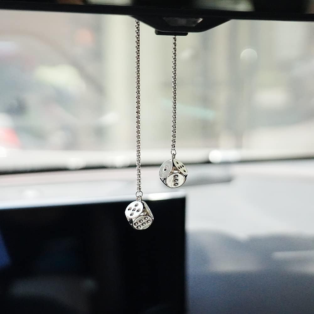 Creative Hanging Dice with Dots Car Metal Pendant Rear View Mirrors Charms Ornament (Silver)