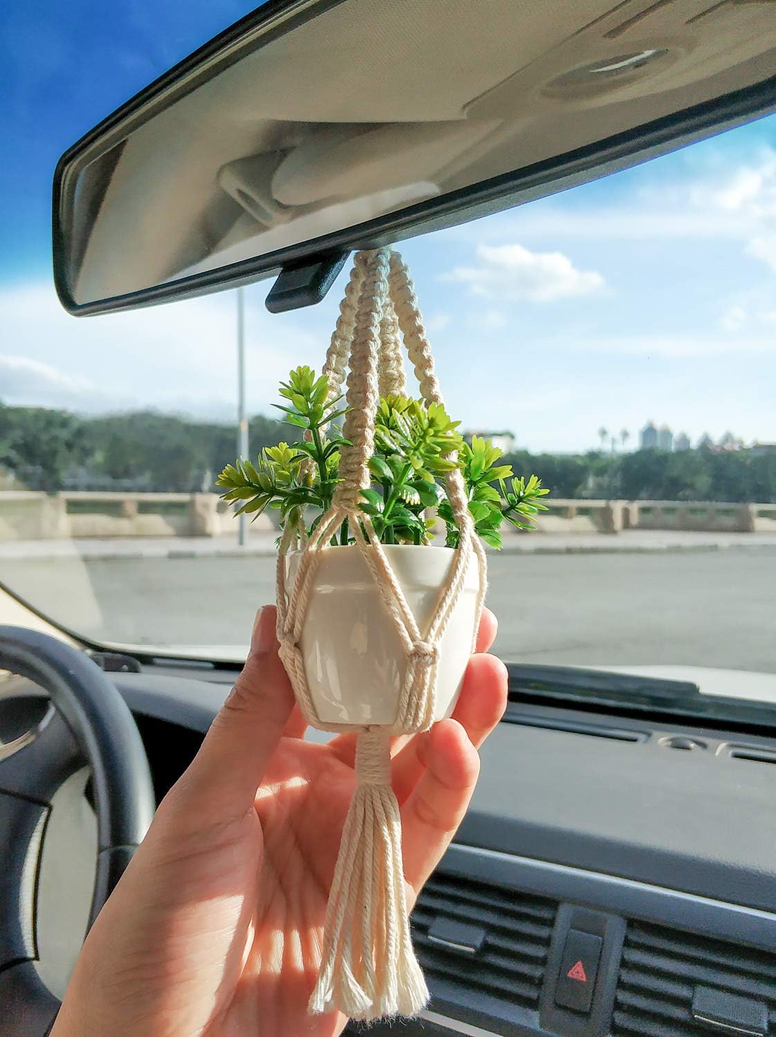 Car Accessories Rear View Mirrior Charm Cute Hanging Rearview Car Decor Boho Hanger with Artificial Succulent Plants Gifts for Plant Lover Set of 2, White