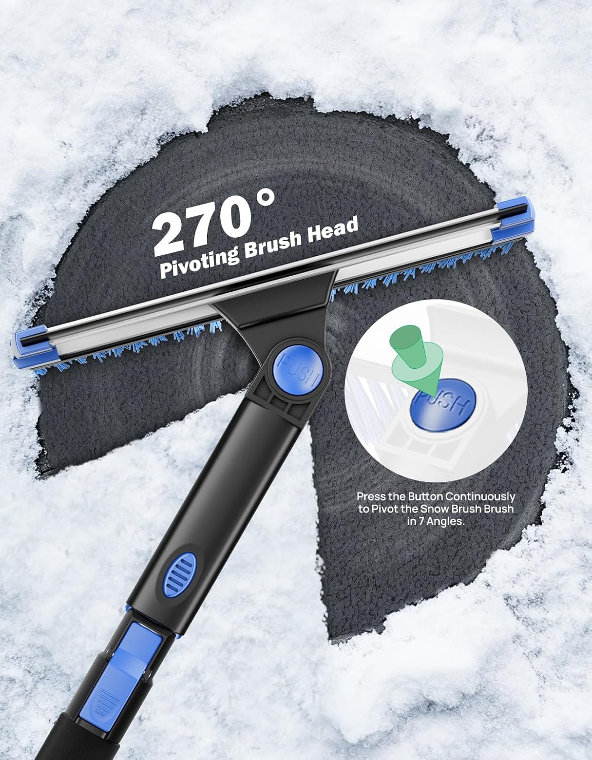 47” Car Snow Brush, 4 in 1 Extendable Auto Car Snow Removal Broom Brush with Squeegee, 270° Foam Grip Car Retractable Snow Shovel with Durable Ice Scraper and Gift Gloves for Car SUV, Blue.