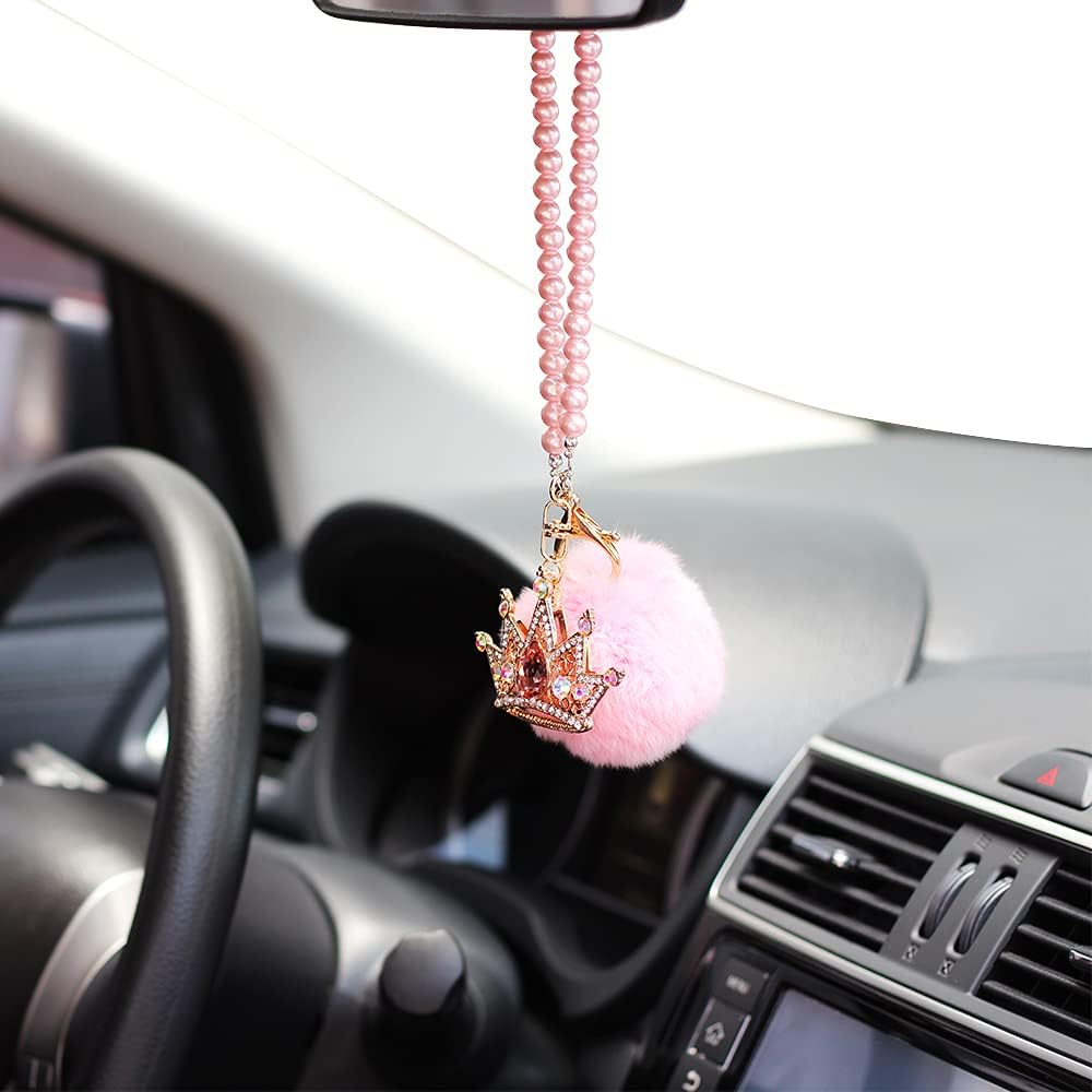 Car Mirror Hanging Accessories, Mini-Factory Rearview Mirror Hanging Bling Decoration Fluffy Luxury Diamond Crown with Pearl Chain - Pink