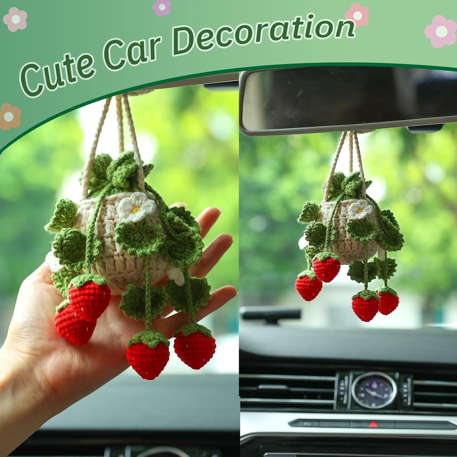 Crochet Hanging Plant for Car,Car Decorations Interior,Plant Strawberry Aesthetic Car Accessories for Women Interior Cute,Car Ornaments Charms for Rear View Mirror,Boho Car Decoration