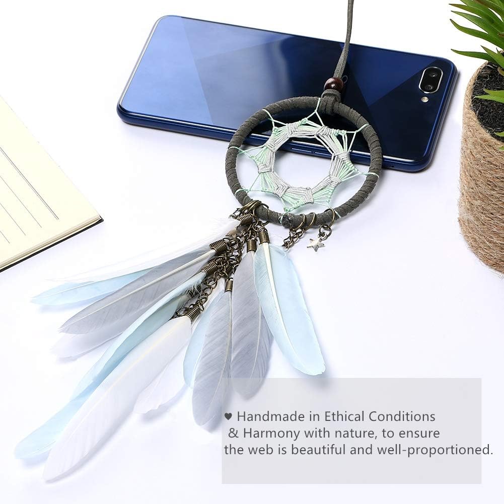 Dream Catcher Car Interior Rearview Mirror Hanging Decor Handmade Grids Nature Feather Small Boho Car Charms Pendant Accessories (Grey Feather)