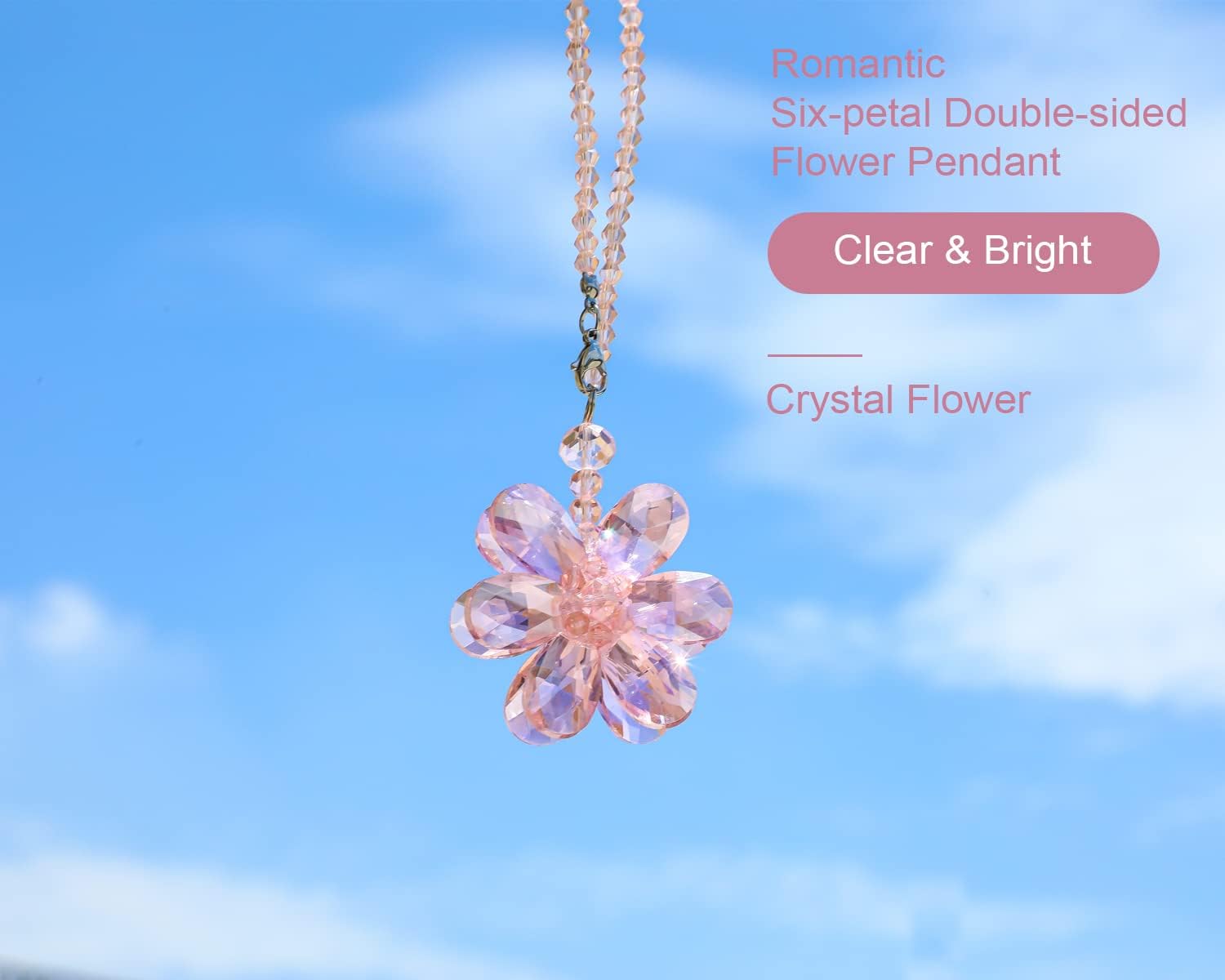 Crystal Flower Car Rear View Mirror Pendant Car Hanging Ornament Car Accessories, Crystal Beads Charm Decor Car Accessories for Women Interior, Pink