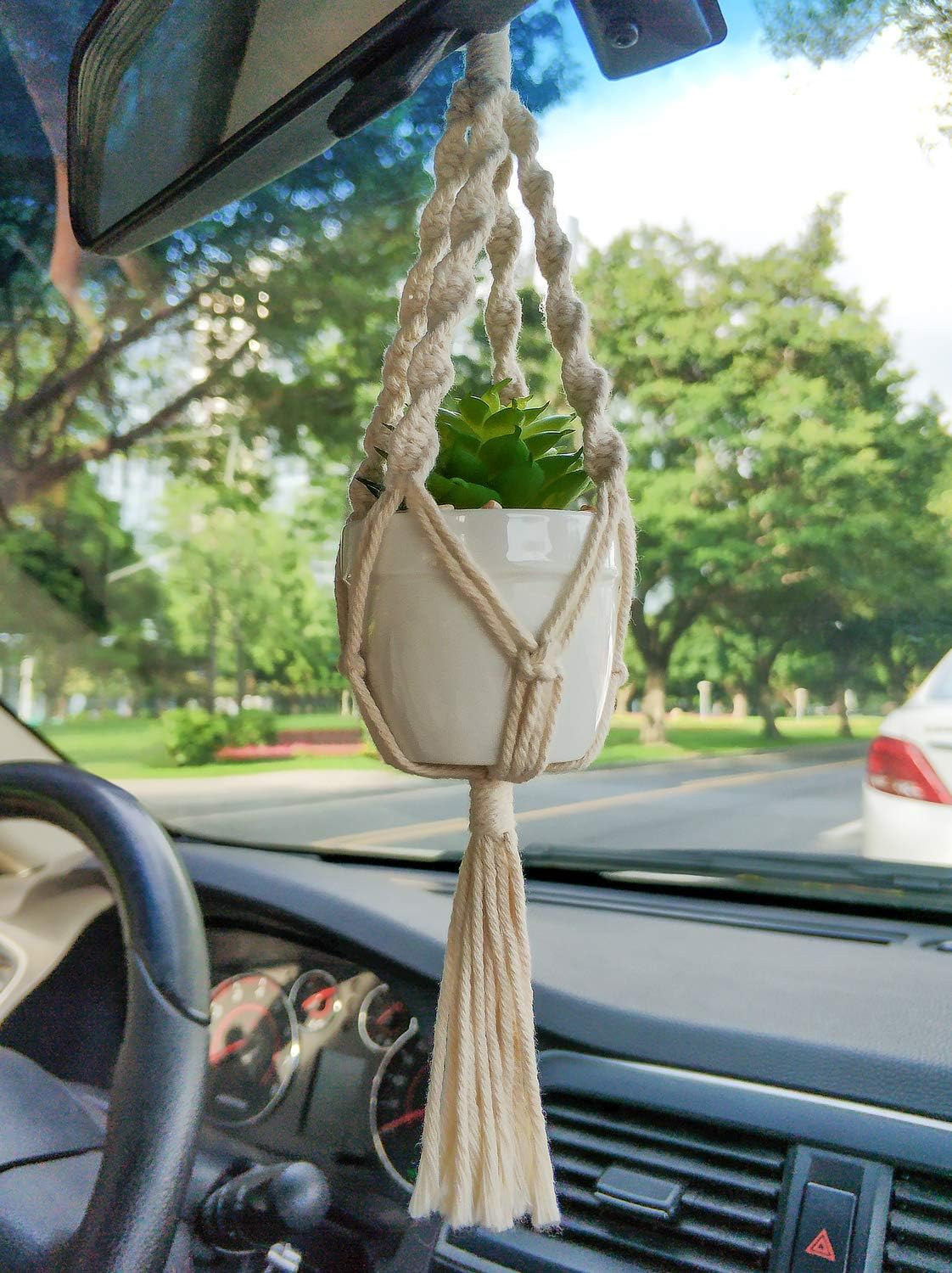 Car Accessories Rear View Mirrior Charm Cute Hanging Rearview Car Decor Boho Hanger with Artificial Succulent Plants Gifts for Plant Lover Set of 2, White