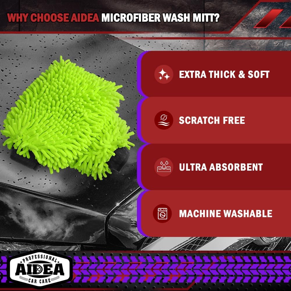 Car Wash Mitt Microfiber, 2PK-Scratch & Lint-Free, Premium Chenille Microfiber Wash Mitt Car Wash Brush-Green Regular Size (7.12''X10.14'')