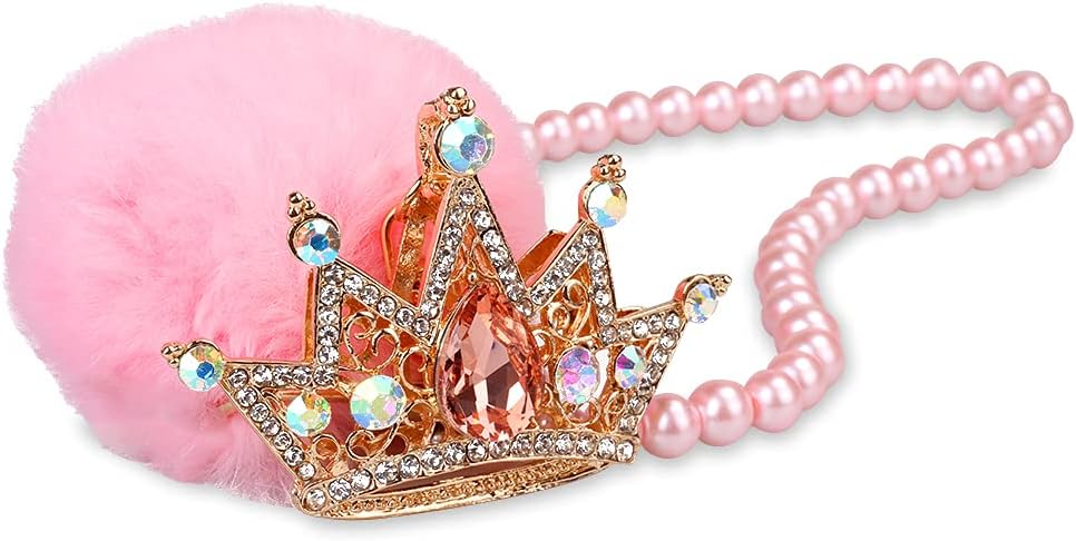 Car Mirror Hanging Accessories, Mini-Factory Rearview Mirror Hanging Bling Decoration Fluffy Luxury Diamond Crown with Pearl Chain - Pink