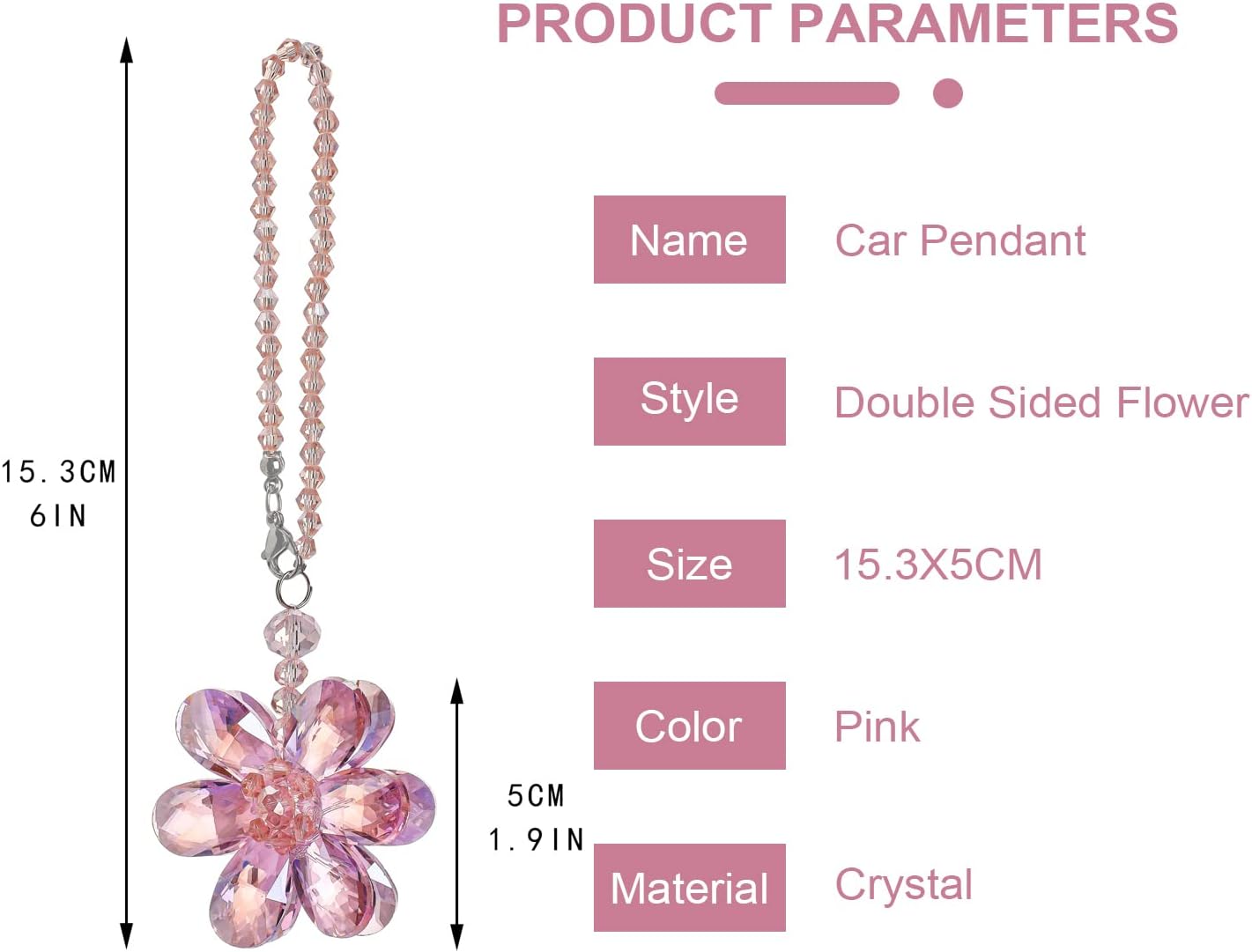 Crystal Flower Car Rear View Mirror Pendant Car Hanging Ornament Car Accessories, Crystal Beads Charm Decor Car Accessories for Women Interior, Pink