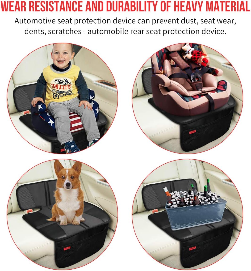 Car Seat Protector - Seat Protection Mat - Thick Padding - Durable, Waterproof Fabric, Leather Reinforced Corners & 3 Pockets for Handy Storage Black