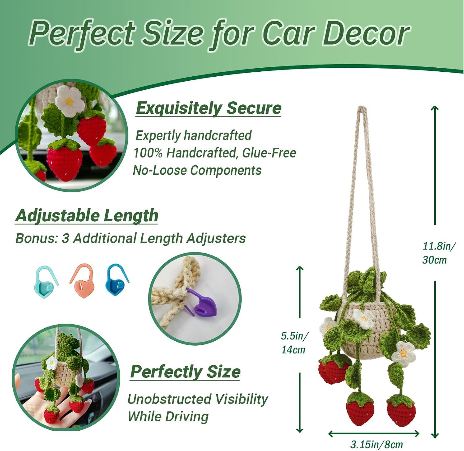 Crochet Hanging Plant for Car,Car Decorations Interior,Plant Strawberry Aesthetic Car Accessories for Women Interior Cute,Car Ornaments Charms for Rear View Mirror,Boho Car Decoration