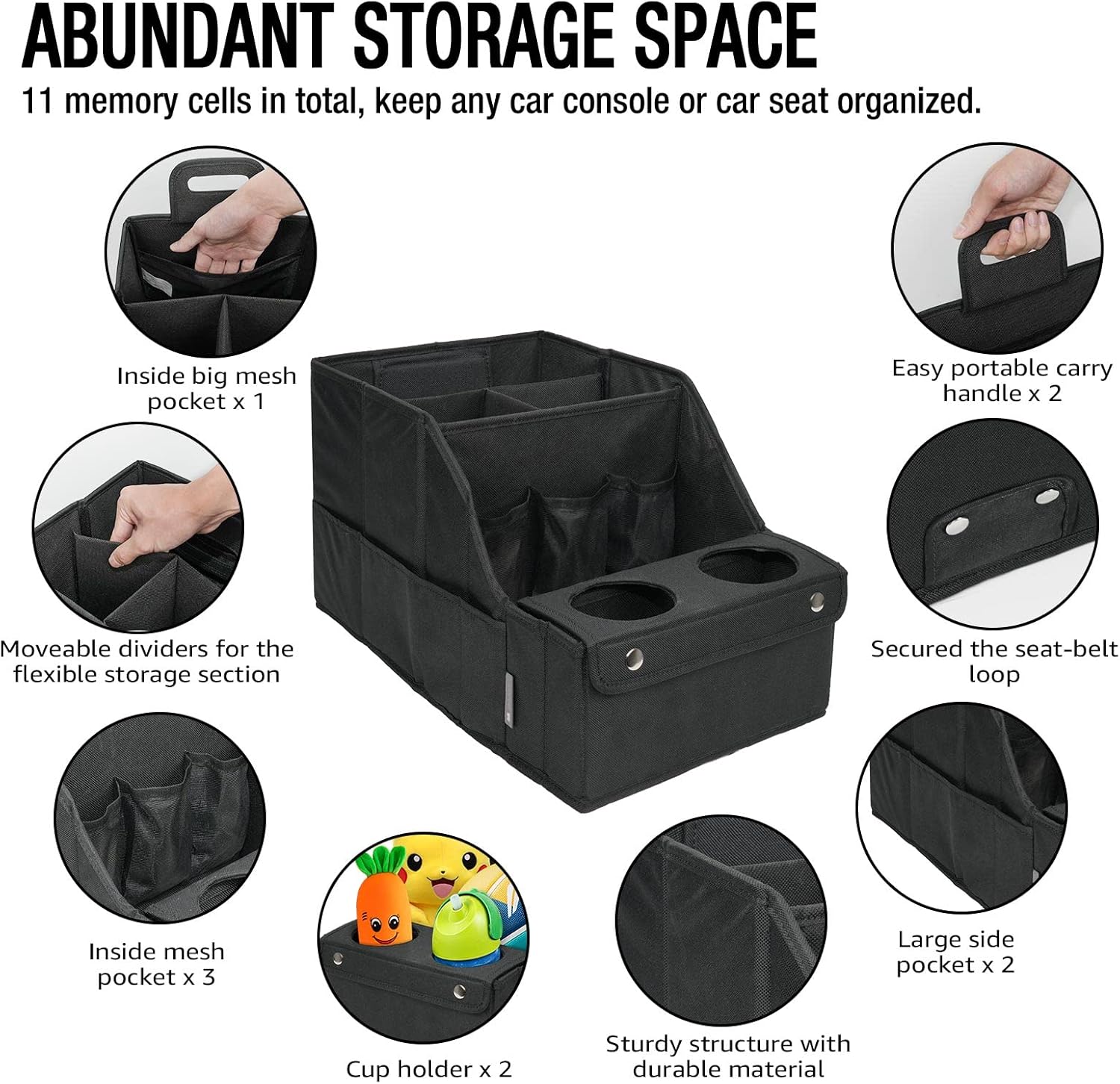 Car Seat Organizer- Backseat Car Organizer with 11 Storages Compartments and 2 Cup Holders, Organizers and Storage, Front Seat for Travel Kids,Black