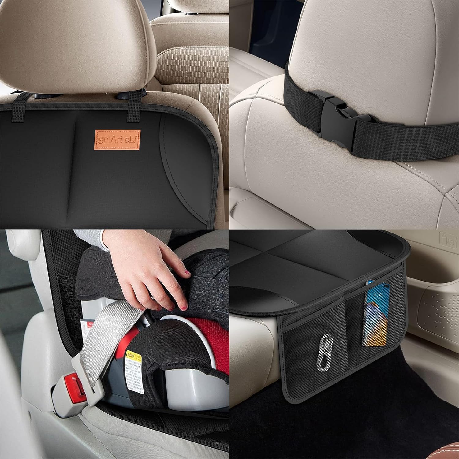 Car Seat Protector, 2Pack Seat Protector Protect Child Seats with Thickest Padding and Non-Slip Backing Mesh Pockets for Baby and Pet, Sedan SUV Truck (Black)