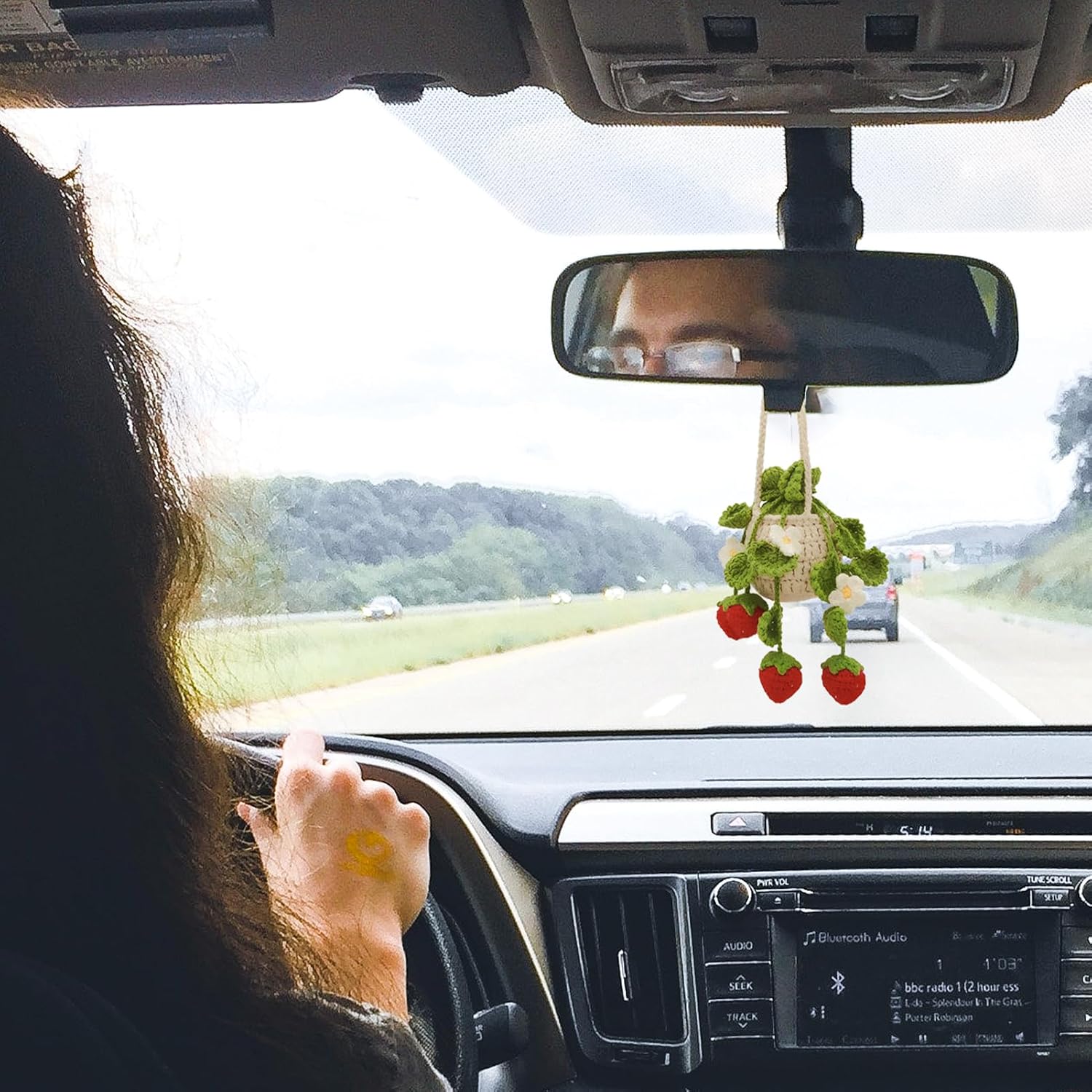 Crochet Hanging Plant for Car,Car Decorations Interior,Plant Strawberry Aesthetic Car Accessories for Women Interior Cute,Car Ornaments Charms for Rear View Mirror,Boho Car Decoration