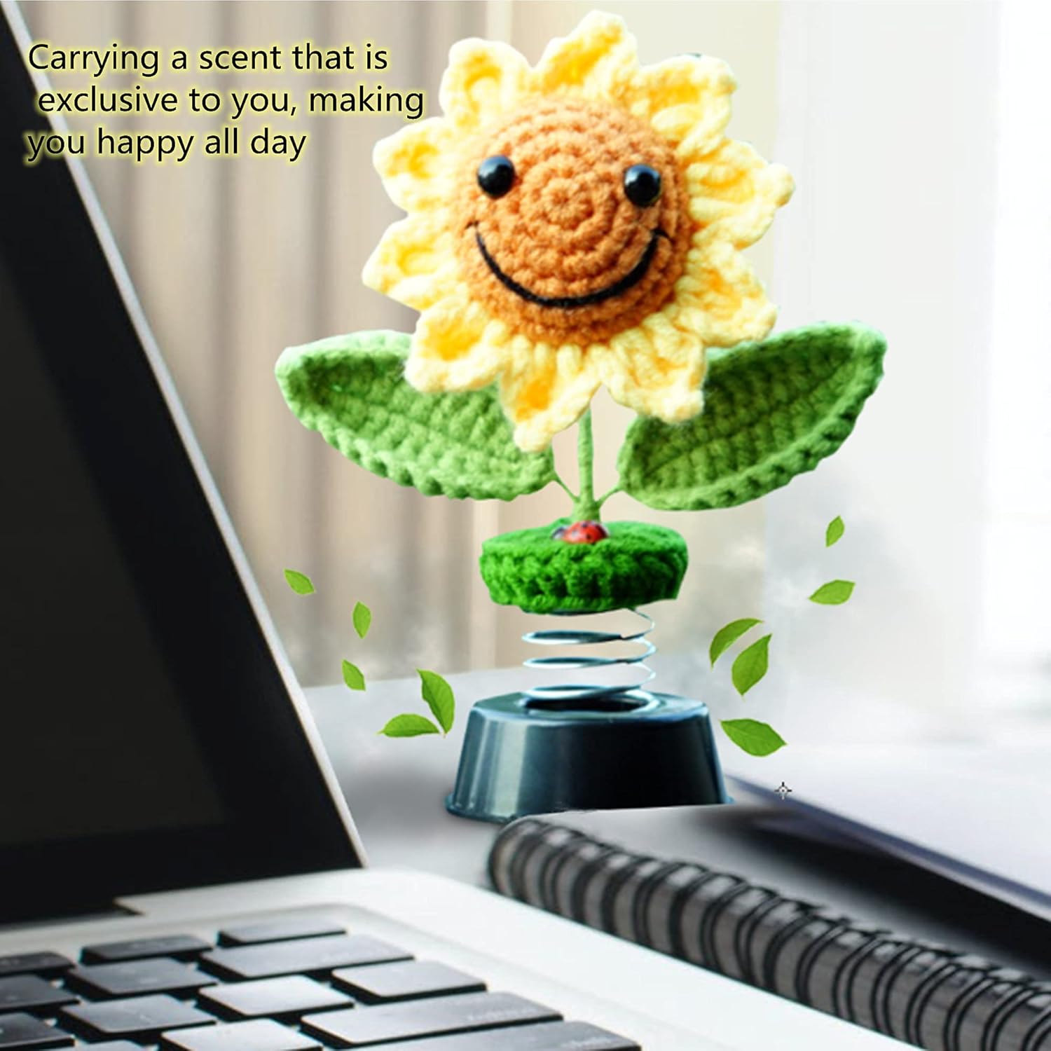 Sunflower Car Accessories Dashboard Decorations, Crochet Smiley Shaking Sun Flowers Bobblehead Dashboard Car Decor for Women, for Cute Girl Car Interior Desk Ornaments Gifts (H 5.2 in)