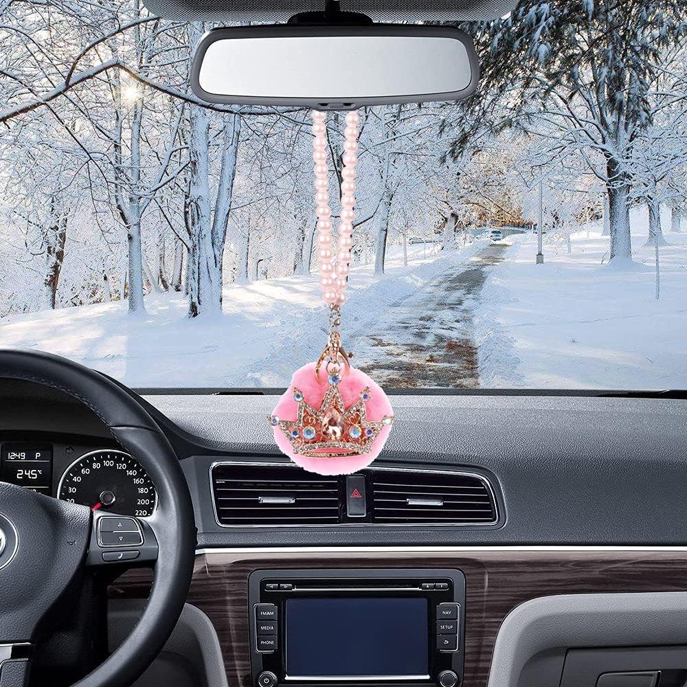 Car Mirror Hanging Accessories, Mini-Factory Rearview Mirror Hanging Bling Decoration Fluffy Luxury Diamond Crown with Pearl Chain - Pink