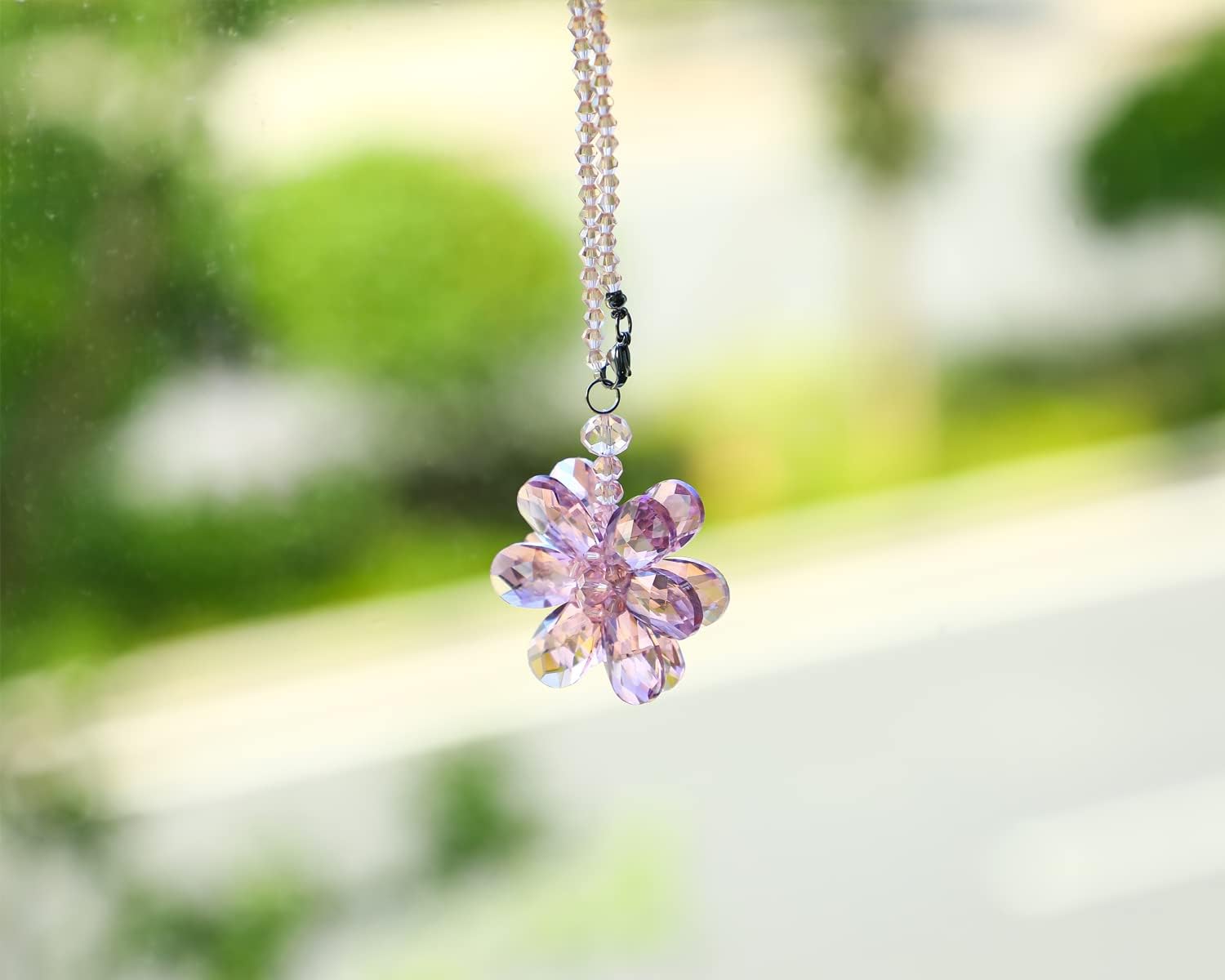 Crystal Flower Car Rear View Mirror Pendant Car Hanging Ornament Car Accessories, Crystal Beads Charm Decor Car Accessories for Women Interior, Pink