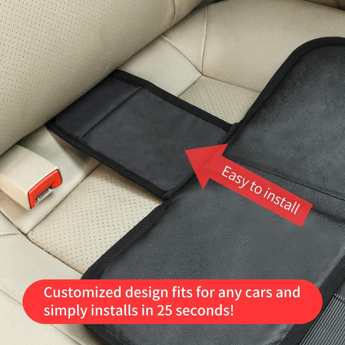 Car Seat Protector - Seat Protection Mat - Thick Padding - Durable, Waterproof Fabric, Leather Reinforced Corners & 3 Pockets for Handy Storage Black