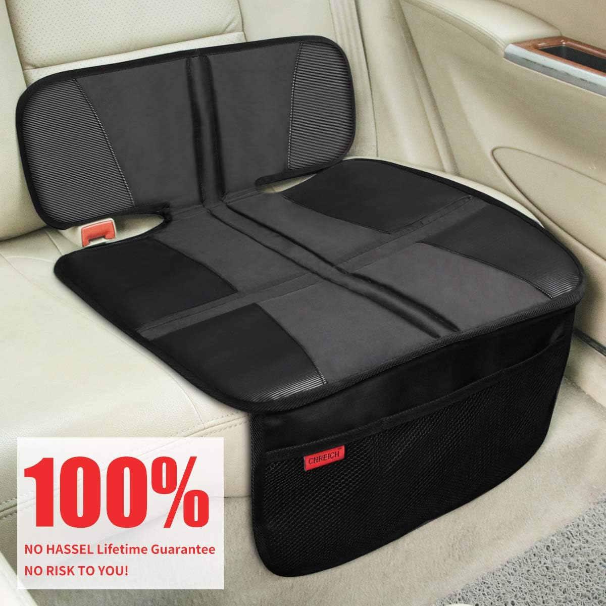 Car Seat Protector - Seat Protection Mat - Thick Padding - Durable, Waterproof Fabric, Leather Reinforced Corners & 3 Pockets for Handy Storage Black