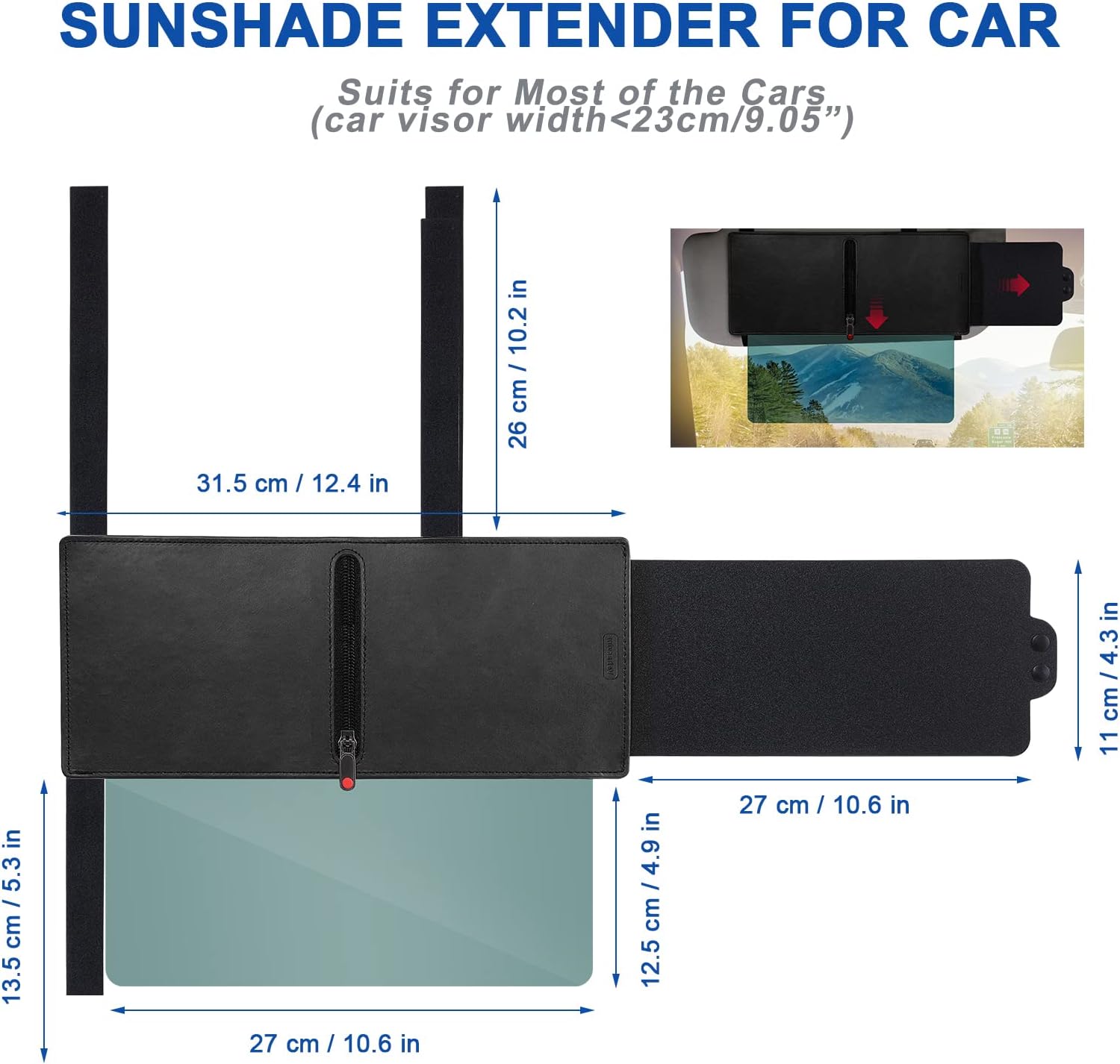 Polarized Sun Visor for Car with Zipper Slider, Upgraded UV400 Car Sun Visor Extension with PC Lens and Side Sunshade, Anti-Glare Car Visor for Safe Driving, UV-Filtering/Protection