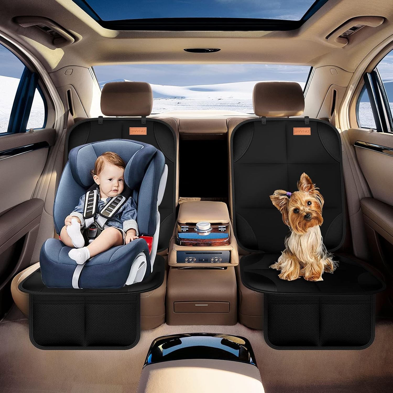 Car Seat Protector, 2Pack Seat Protector Protect Child Seats with Thickest Padding and Non-Slip Backing Mesh Pockets for Baby and Pet, Sedan SUV Truck (Black)