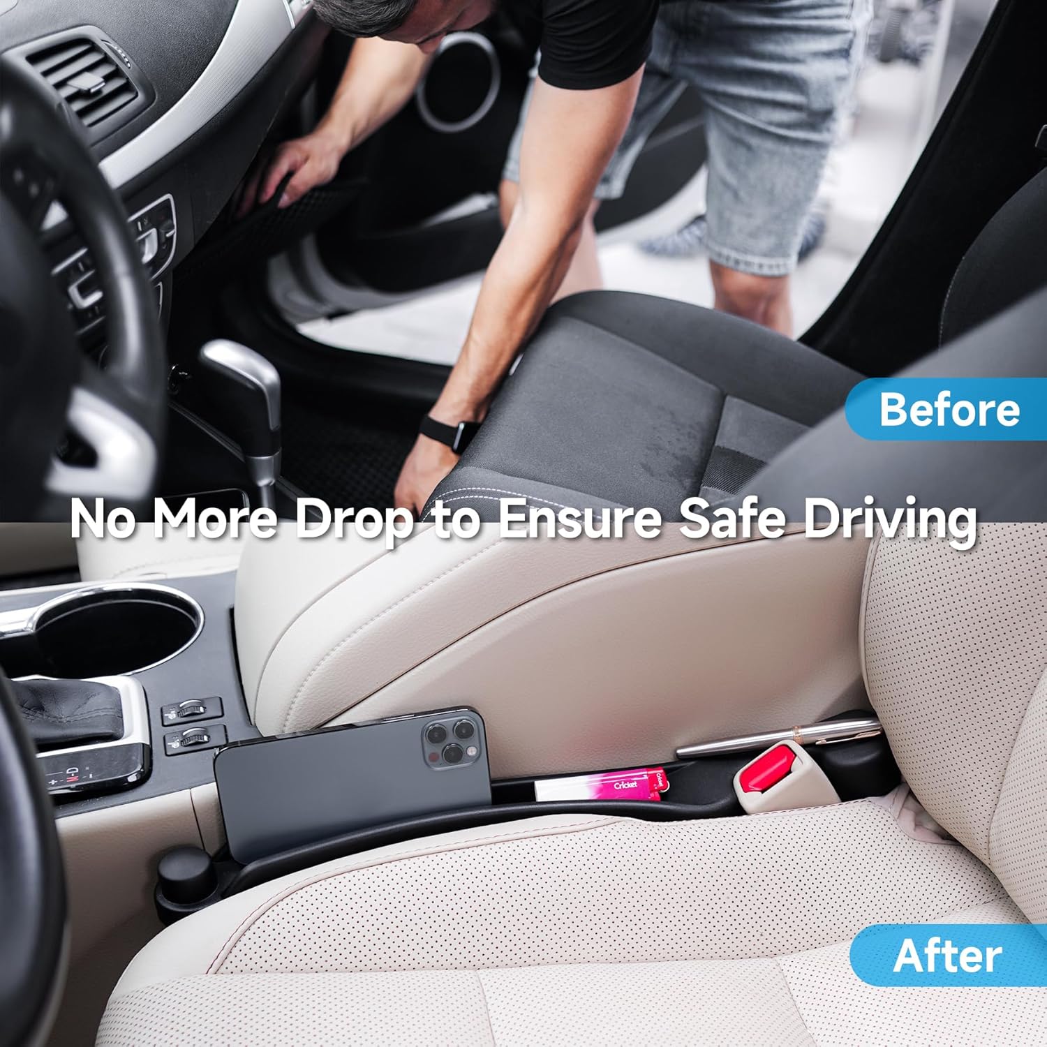 Car Seat Gap Filler Set of 2, Soft Foam Multifunctional Seat Side Gap Filler with Organizer & Hook Function, 3in1 Gap Stopper Universal Fit Car SUV Truck Fill The Gap Between Seat & Console