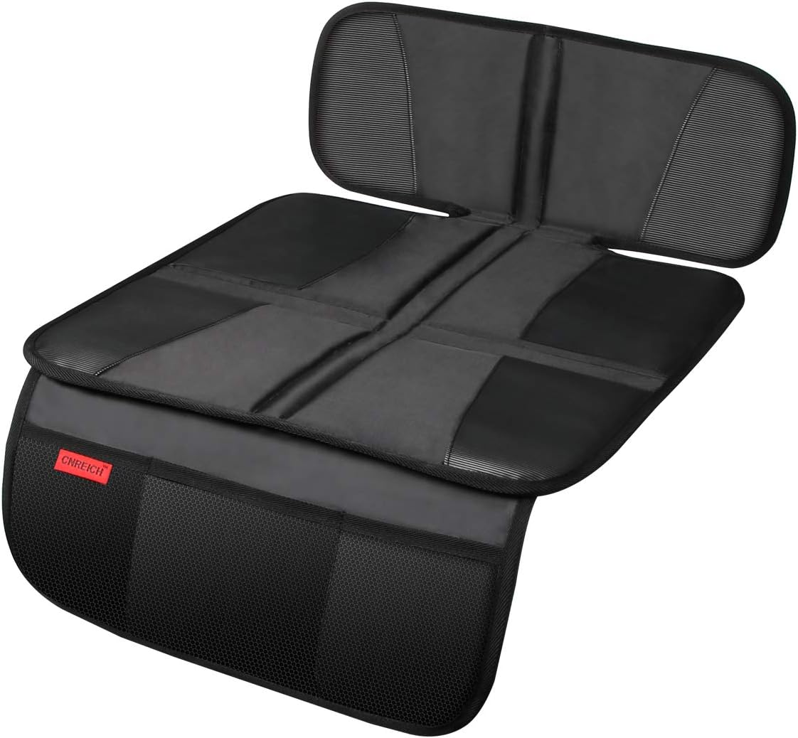 Car Seat Protector - Seat Protection Mat - Thick Padding - Durable, Waterproof Fabric, Leather Reinforced Corners & 3 Pockets for Handy Storage Black