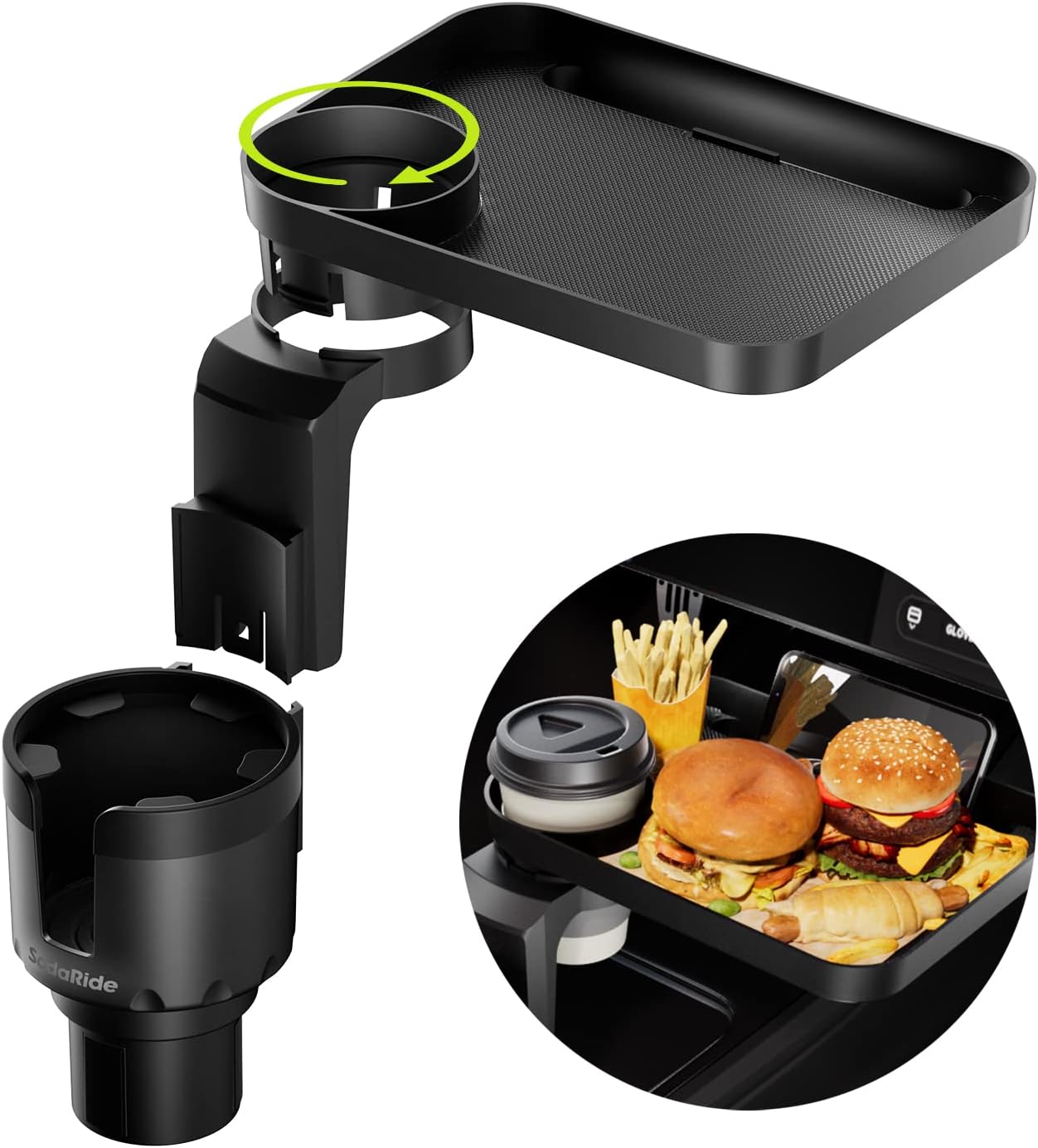 Car Cup Holder Tray -Expander- 3 in 1 Detachable Food Table Tray with Solid Base - Road Trip Essentials Accessories Gadgets - Fits Yeti, Hydro Flask 32/40 oz