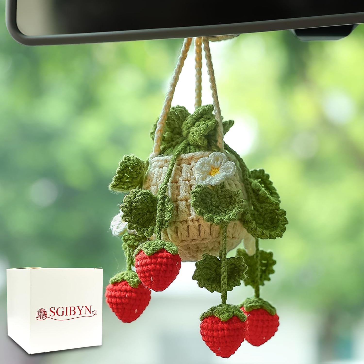 Crochet Hanging Plant for Car,Car Decorations Interior,Plant Strawberry Aesthetic Car Accessories for Women Interior Cute,Car Ornaments Charms for Rear View Mirror,Boho Car Decoration