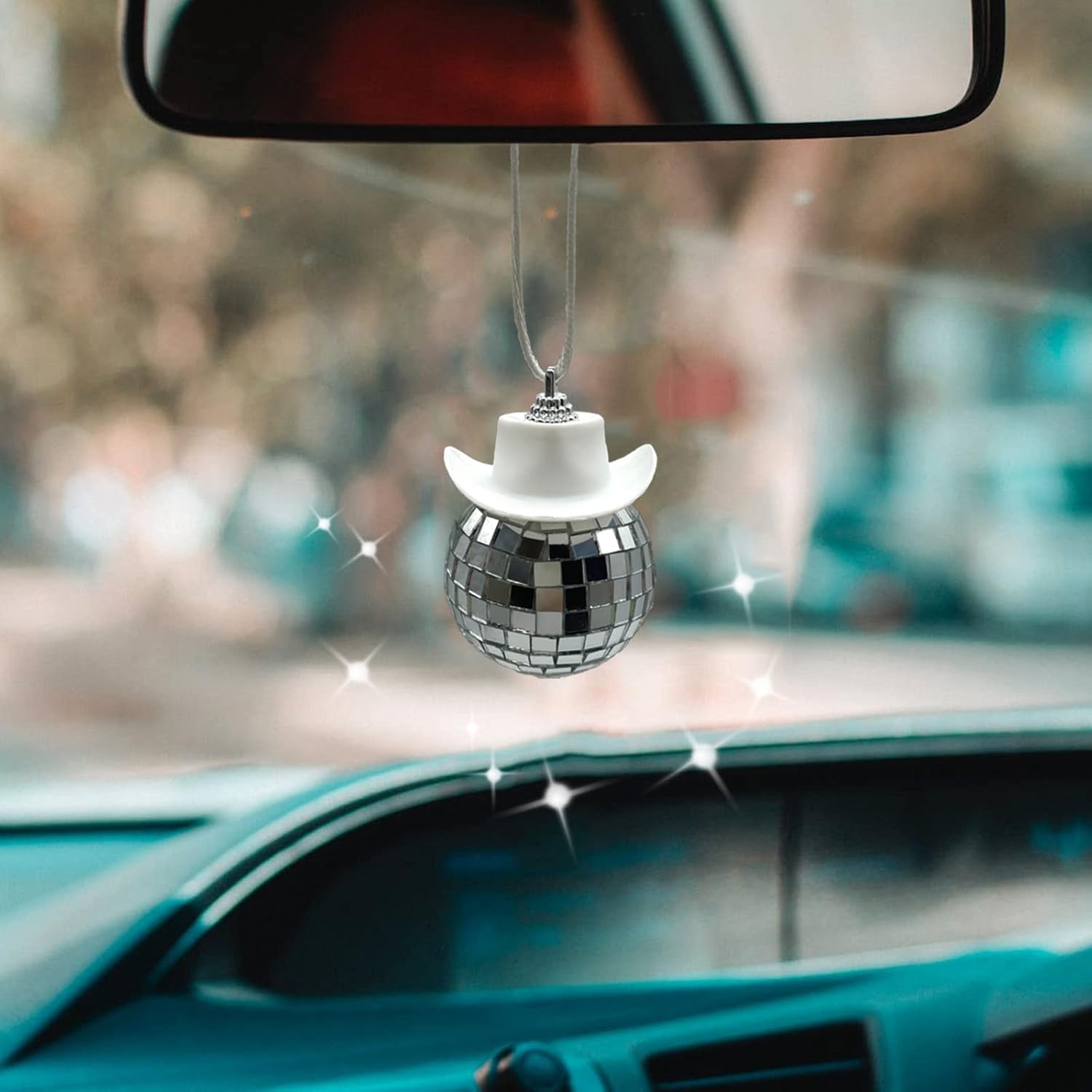 White Car Accessories, Disco Ball Cowboy Hat, Automotive Interior Accessories, Charm for Rear View Mirror