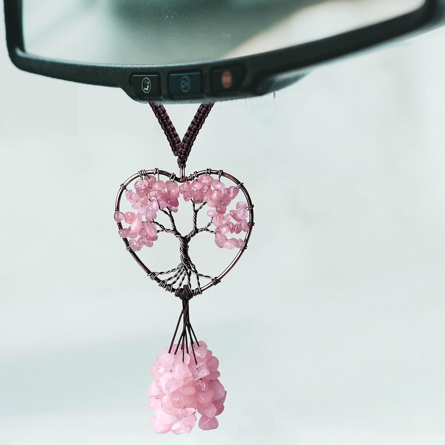 Pink Car Accessories Rose Quartz Crystal Rearview Mirror Hanging Accessories Crystal Car Hanging Ornament Heart Shape Hippie Boho Car Accessories Spiritual Decorations for Women