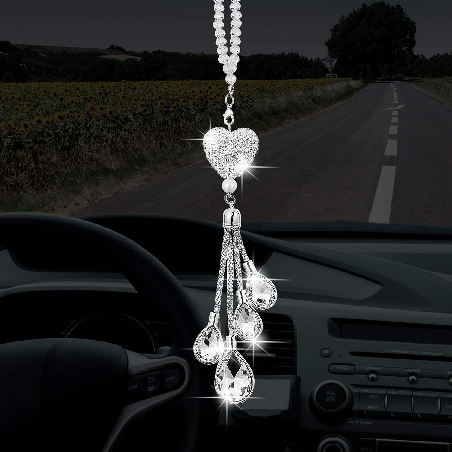 Bling Heart Car Charms Car Accessories for Women, Valentine's Day Gifts Crystal Rear View Mirror Hanging Charms Car Diamond Decoration Lucky Interior Ornament Pendant(9.8 Inch,White)