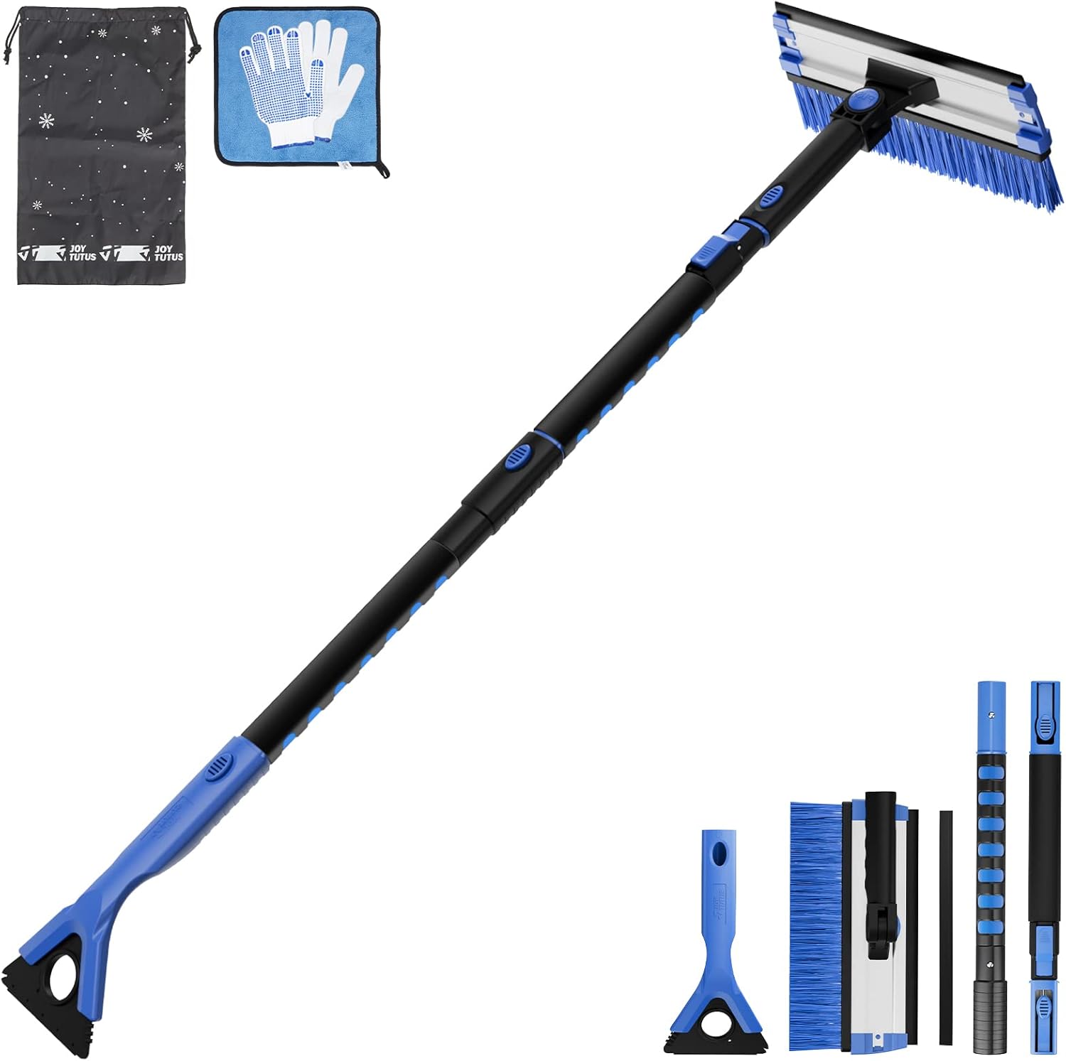 47” Car Snow Brush, 4 in 1 Extendable Auto Car Snow Removal Broom Brush with Squeegee, 270° Foam Grip Car Retractable Snow Shovel with Durable Ice Scraper and Gift Gloves for Car SUV, Blue.