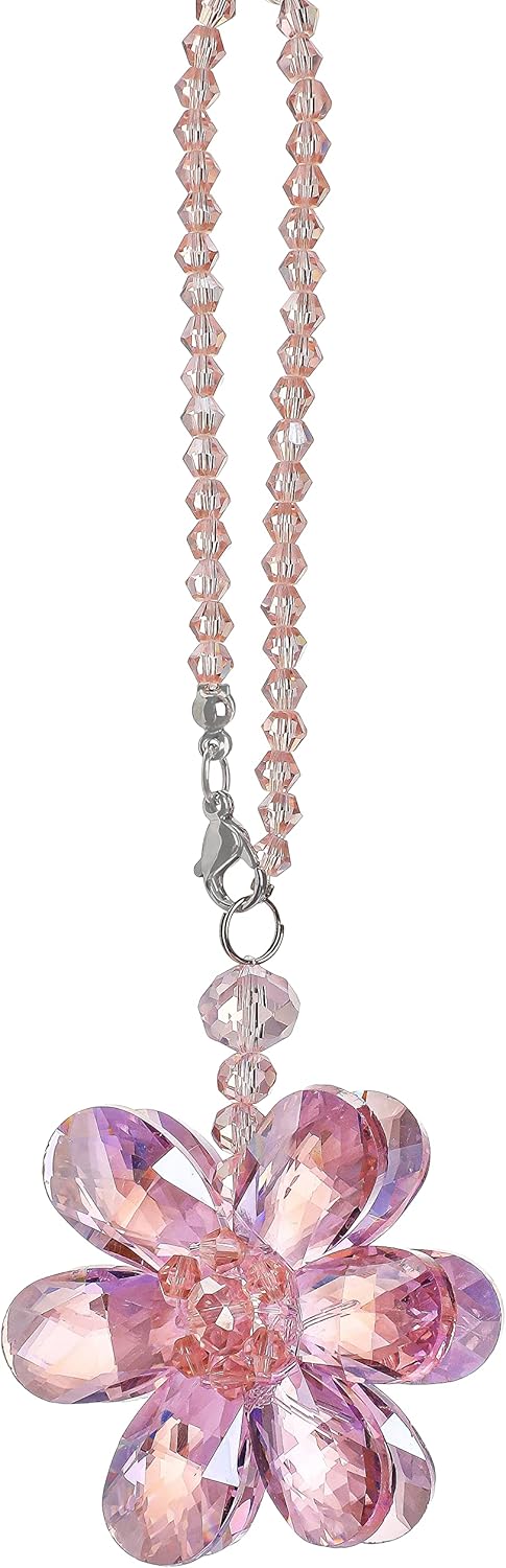 Crystal Flower Car Rear View Mirror Pendant Car Hanging Ornament Car Accessories, Crystal Beads Charm Decor Car Accessories for Women Interior, Pink