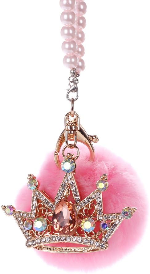 Car Mirror Hanging Accessories, Mini-Factory Rearview Mirror Hanging Bling Decoration Fluffy Luxury Diamond Crown with Pearl Chain - Pink