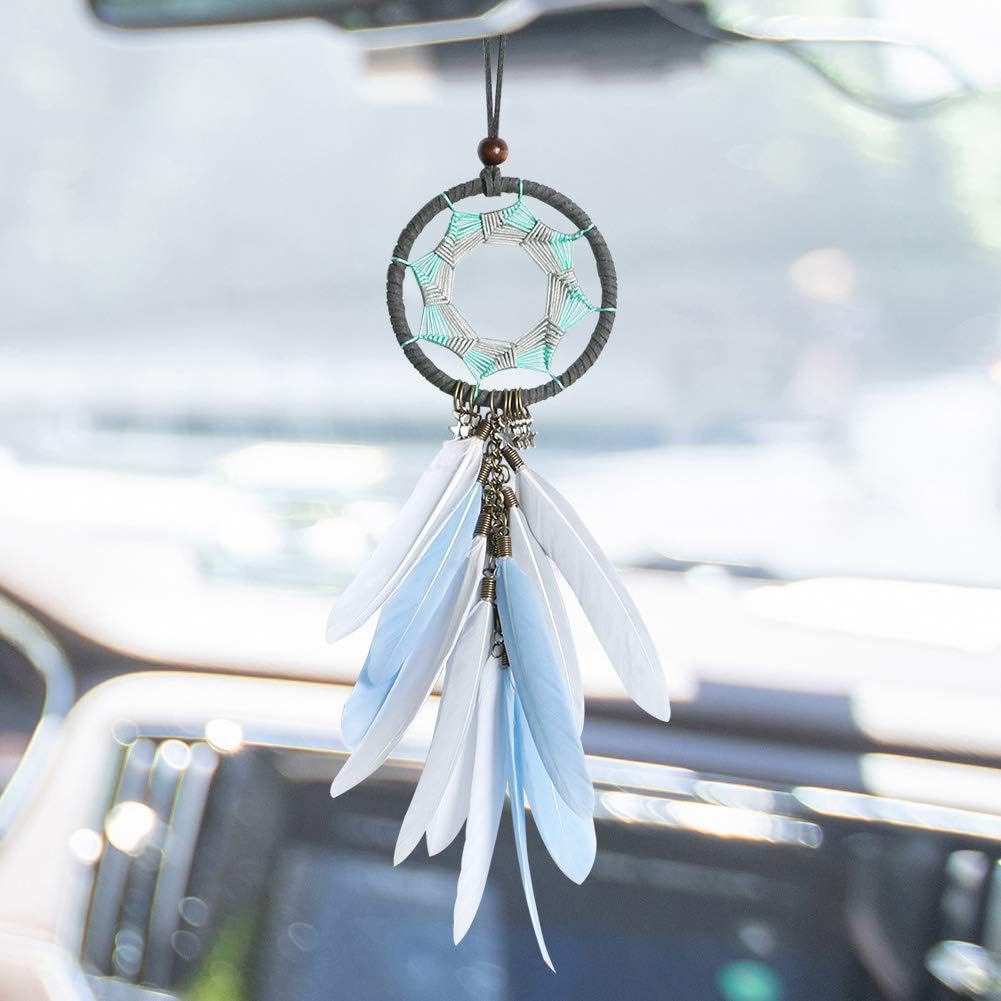 Dream Catcher Car Interior Rearview Mirror Hanging Decor Handmade Grids Nature Feather Small Boho Car Charms Pendant Accessories (Grey Feather)