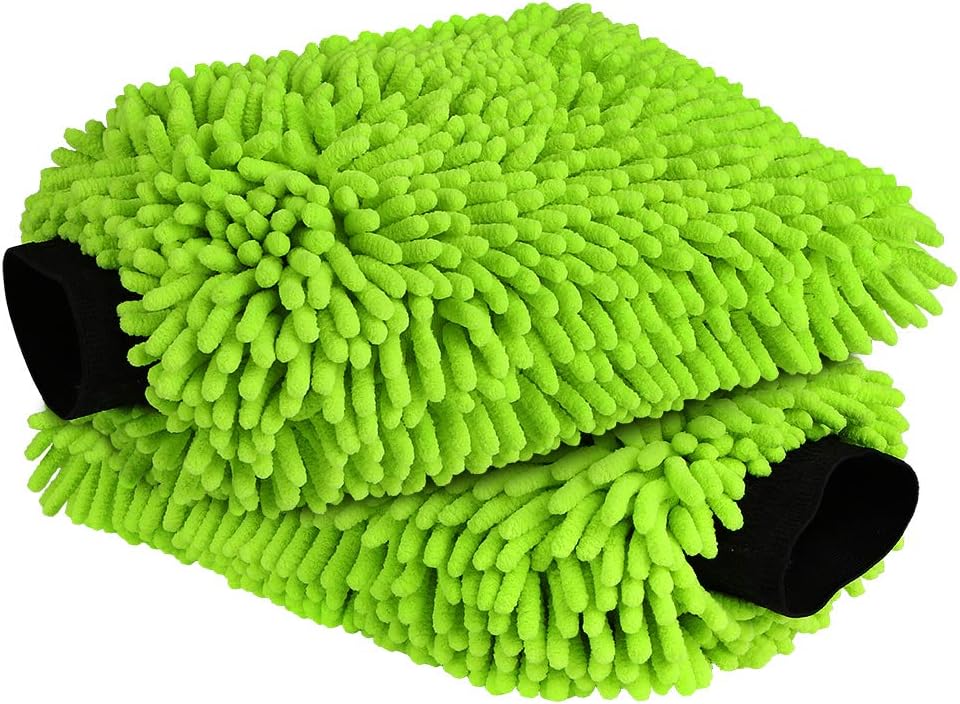 Car Wash Mitt Microfiber, 2PK-Scratch & Lint-Free, Premium Chenille Microfiber Wash Mitt Car Wash Brush-Green Regular Size (7.12''X10.14'')